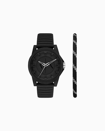 Armani Exchange - Three-hand black silicone watch and bracelet set, Man, Multicoloured, Size: TU