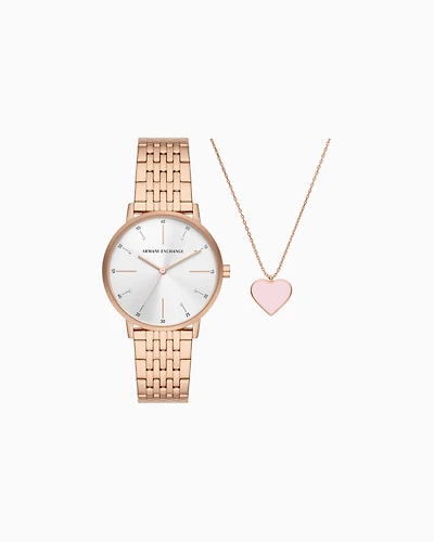 Three-hand watch and necklace set in rose gold-tone stainless steel