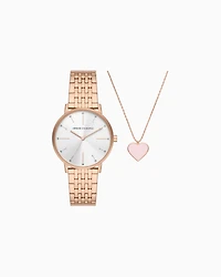 Three-hand watch and necklace set in rose gold-tone stainless steel