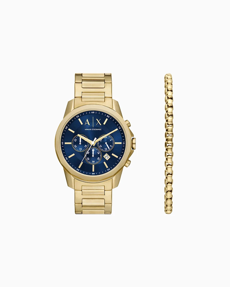 Armani Exchange - Gold-Tone Stainless Steel Chronograph Watch and Bracelet Set, Man, Multicoloured, Size: TU