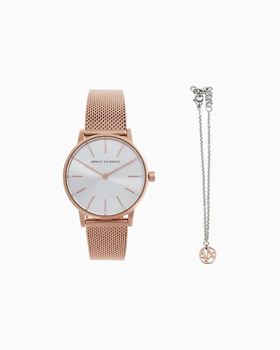 Armani Exchange - Armani Exchange Two-Hand Rose Gold-Tone Stainless Steel Watch and Bracelet Gift Set, Woman, Multicoloured, Size: TU