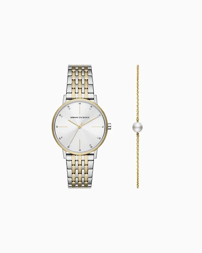 Armani Exchange - Two-tone three-hand stainless steel watch and bracelet set, Woman, Multicoloured, Size: TU