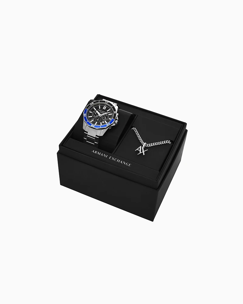 Chronograph Stainless Steel Watch and necklace set