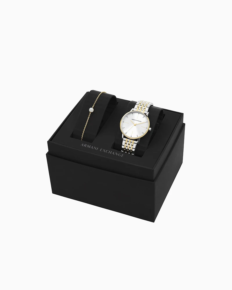 Armani Exchange - Two-tone three-hand stainless steel watch and bracelet set, Woman, Multicoloured, Size: TU