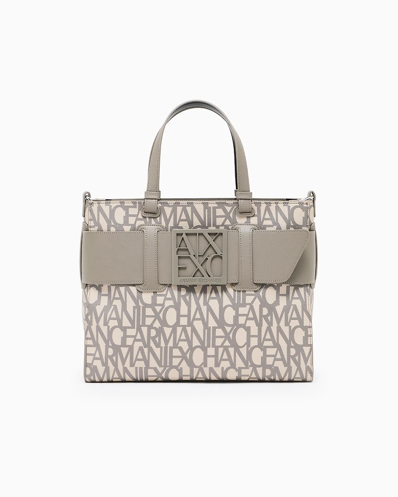 Armani Exchange - Large tote bag with double handles and shoulder strap, Woman, Beige, Size: TU