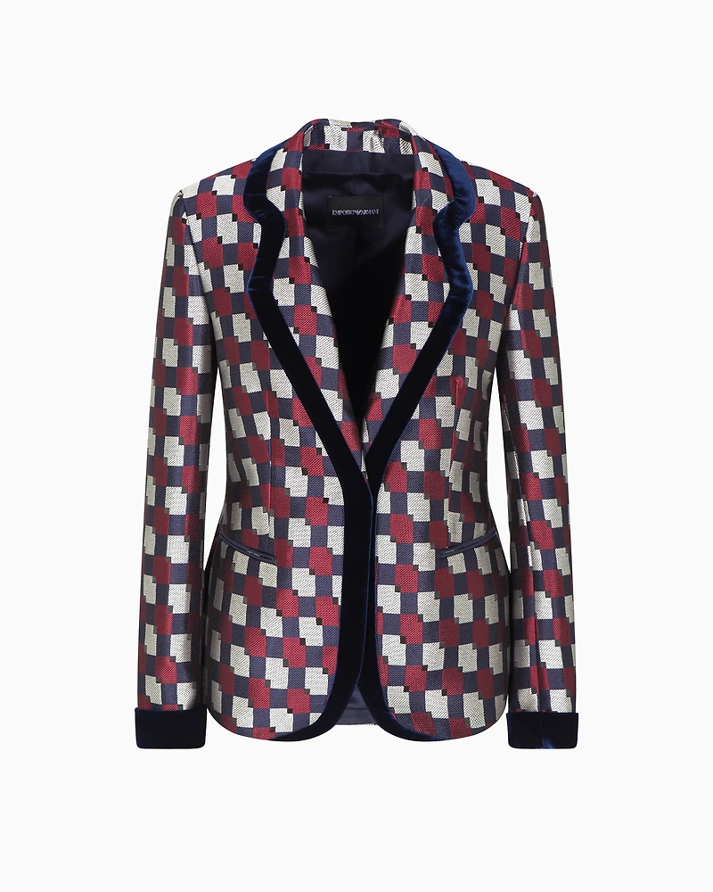 Emporio Armani - Geometric jacquard blazer with velvet details, Woman, Patterned, Size: