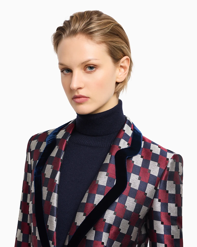 Emporio Armani - Geometric jacquard blazer with velvet details, Woman, Patterned, Size: