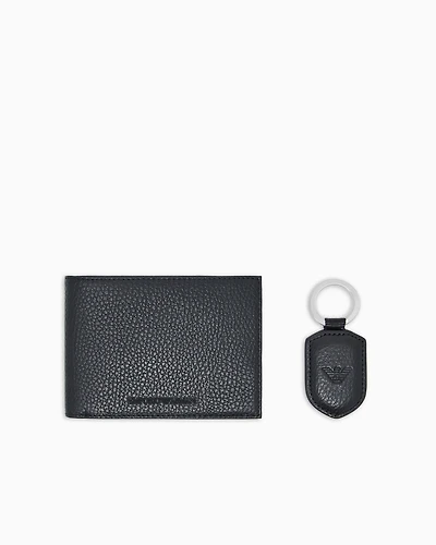 Emporio Armani - Gift box with wallet and keyring in tumbled leather, Man, Black, Size: TU