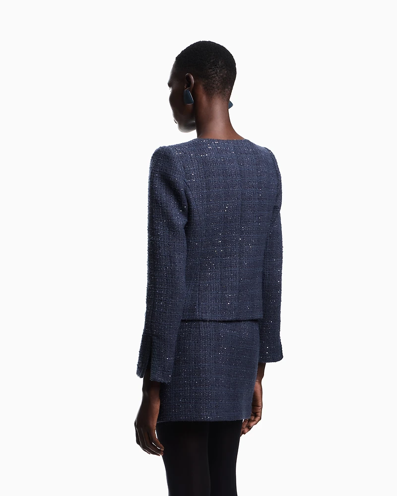 Emporio Armani - Lurex tweed zip-up jacket with micro sequins, Woman, Blue, Size: