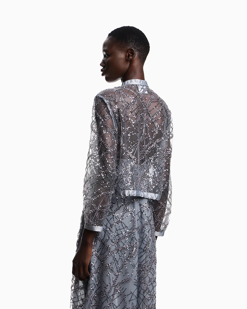 Emporio Armani - Zipped bolero tulle with all-over micro-sequin and jet embroidery, Woman, Grey, Size: