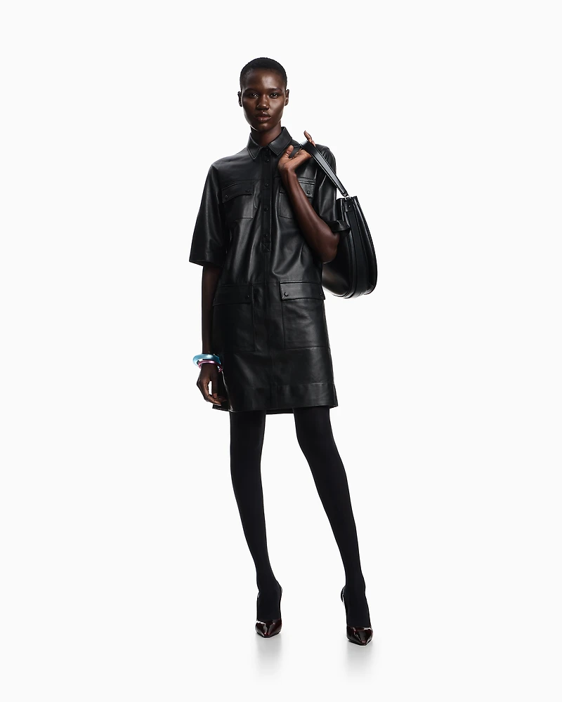 Emporio Armani - Short-sleeved dress nappa lambskin, Woman, Black, Size: