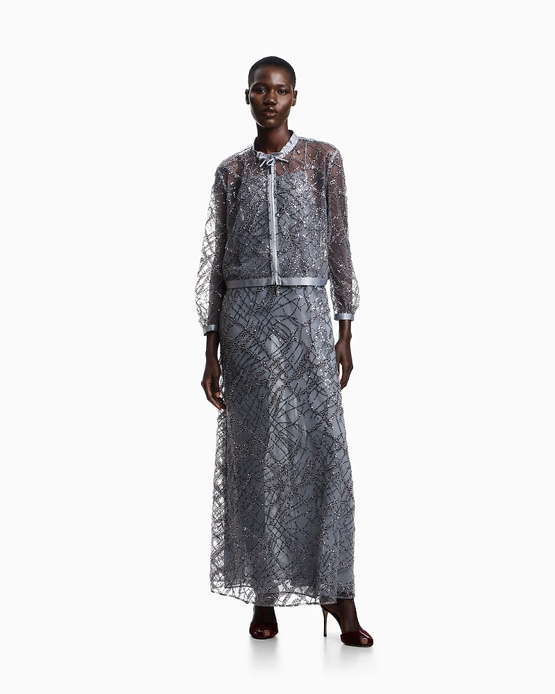 Emporio Armani - Zipped bolero tulle with all-over micro-sequin and jet embroidery, Woman, Grey, Size: