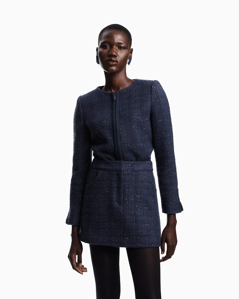 Emporio Armani - Lurex tweed mini skirt with micro sequins, Woman, Blue, Size:
