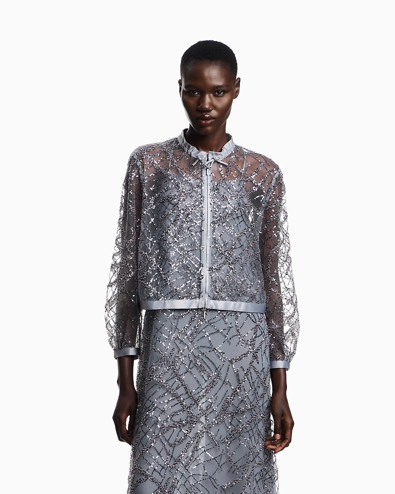 Emporio Armani - Zipped bolero tulle with all-over micro-sequin and jet embroidery, Woman, Grey, Size: