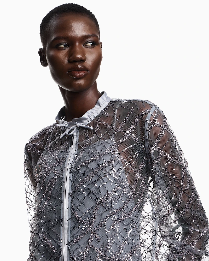 Emporio Armani - Zipped bolero tulle with all-over micro-sequin and jet embroidery, Woman, Grey, Size: