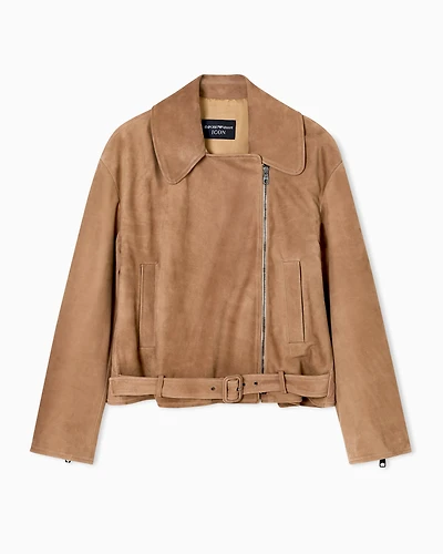 Emporio Armani - Icon nubuck calf leather biker jacket, Woman, Beige, Size: