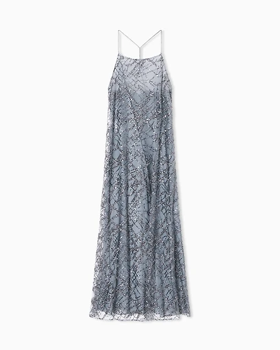 Emporio Armani - Long tulle dress with all-over micro-sequin and jet embroidery, Woman, Grey, Size: