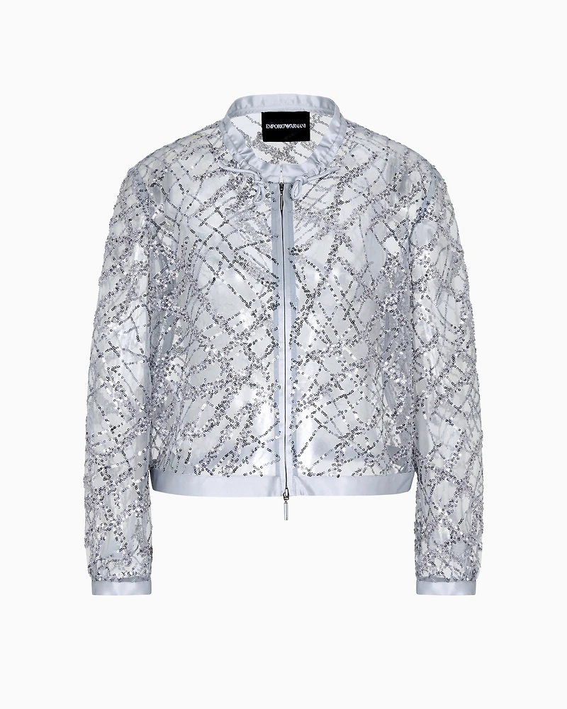 Emporio Armani - Zipped bolero tulle with all-over micro-sequin and jet embroidery, Woman, Grey, Size: