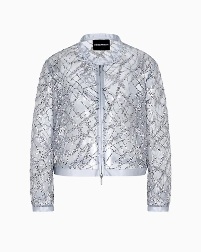 Emporio Armani - Zipped bolero tulle with all-over micro-sequin and jet embroidery, Woman, Grey, Size: