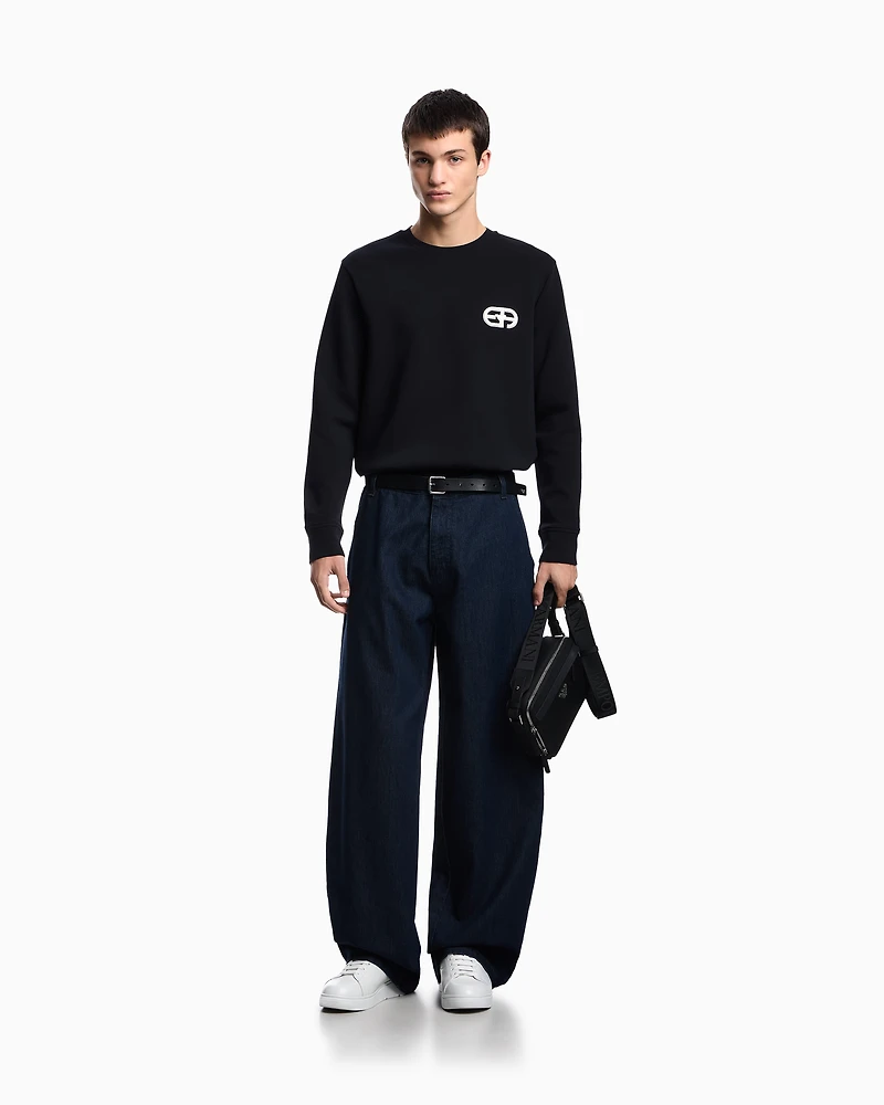 Emporio Armani - Double-jersey sweatshirt with embossed embroidered EA logo, Man, Navy Blue, Size: