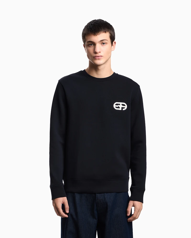 Emporio Armani - Double-jersey sweatshirt with embossed embroidered EA logo, Man, Navy Blue, Size: