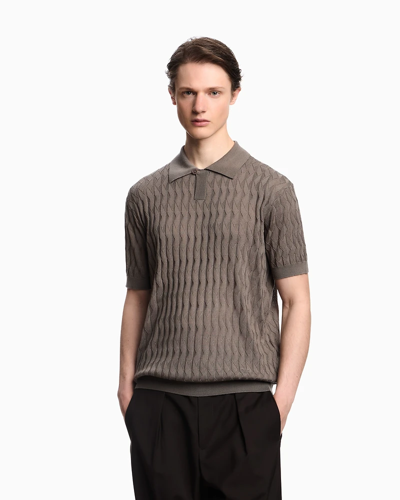 Emporio Armani - ASV Lyocell-blend jumper with polo-shirt collar an embossed, patterned stitch, Man, Green, Size: