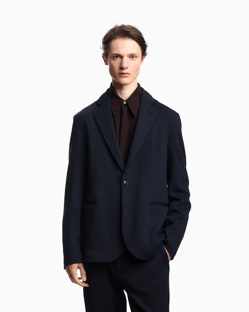 Emporio Armani - Single-breasted jacket a jacquard double jersey knit, Man, Blue, Size: