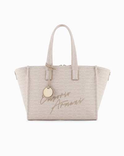 Emporio Armani - Medium shopper bag in jacquard canvas with all-over monogram, Woman, Beige, Size: TU