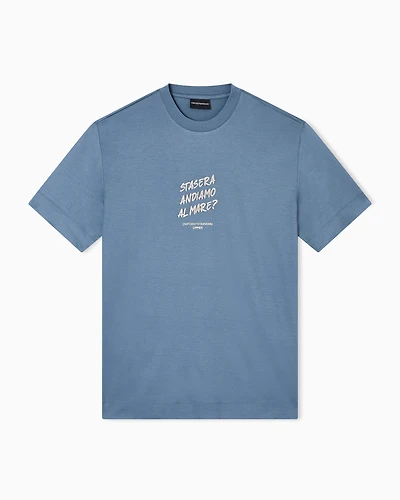 Emporio Armani - ASV Lyocell-blend jersey T-shirt with embroidered Summer Mood slogan, Man, Light Blue, Size: