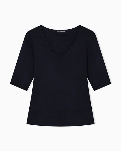 Emporio Armani - Viscose stretch jersey V-neck jumper with three-quarter length sleeves, Woman, Navy Blue, Size: