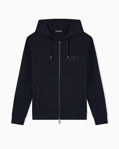 Emporio Armani - Double-jersey zip-up hooded sweatshirt with embossed, embroidered EA logo, Man, Navy Blue, Size: