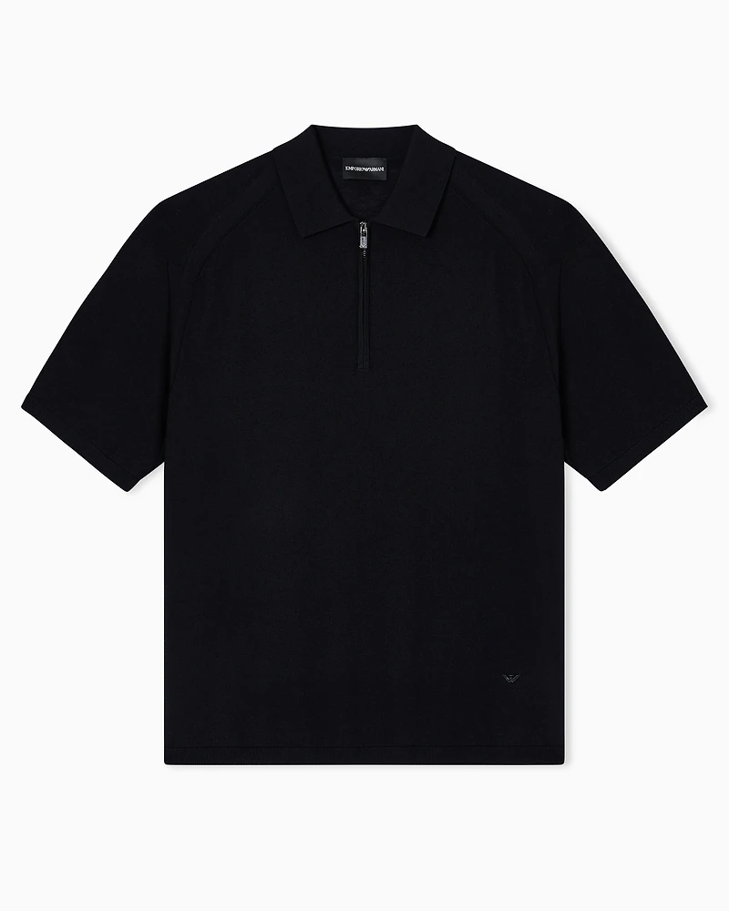 Emporio Armani - ASV plain-knit jumper with polo-shirt collar, a wool and Lyocell blend, Man, Black, Size: