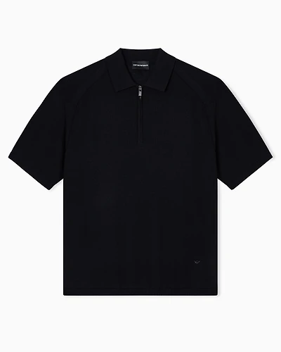 Emporio Armani - ASV plain-knit jumper with polo-shirt collar, a wool and Lyocell blend, Man, Black, Size: