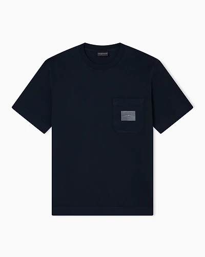 Emporio Armani - ASV jersey T-shirt with leather logo patch, Man, Navy Blue, Size:
