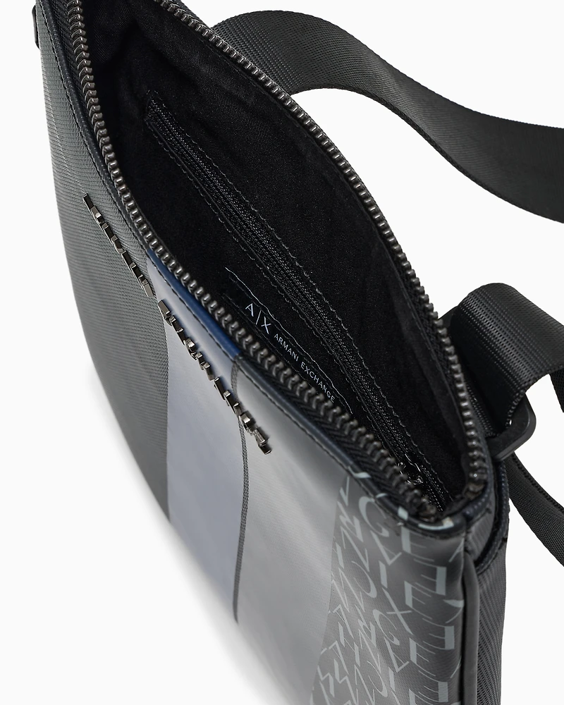 Armani Exchange - Monogram and Stripe Flat Shoulder Bag, Man, Blue, Size: TU