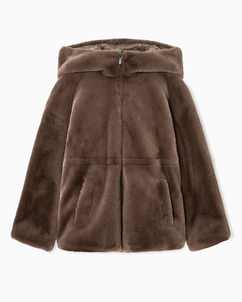 Emporio Armani - Faux-fur reversible blouson with hood and drawstring, Woman, Brown, Size:
