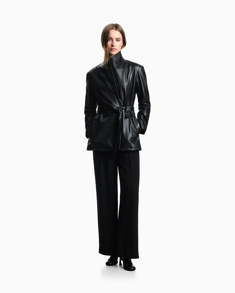 Emporio Armani - Stretch sandblasted fabric trousers with pleats, Woman, Black, Size: