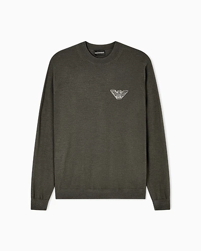 Emporio Armani - Plain-knit virgin-wool jumper with eagle patch, Man, Green, Size: