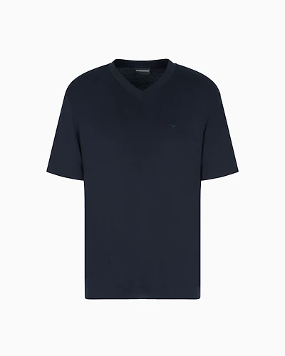 Emporio Armani - Modal jersey V-neck T-shirt with micro eagle embroidery, Man, Navy Blue, Size: