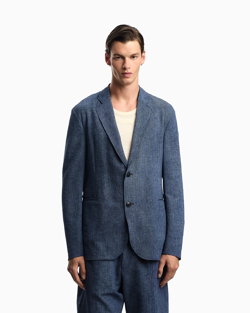 Emporio Armani - Printed seersucker single-breasted blazer, Man, Blue, Size: