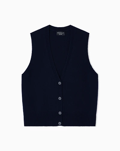 Emporio Armani - Icon single-breasted waistcoat plain-knit cashmere, Woman, Navy Blue, Size: