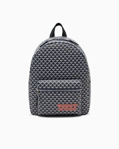 Emporio Armani - Coated fabric backpack with all-over eagle logo , Boy, Blue, Size: TU