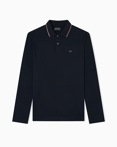 Emporio Armani - Long-sleeved stretch piqué polo shirt with micro eagle embroidery, Man, Navy Blue, Size: