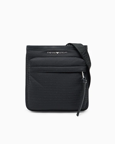 Emporio Armani - Nylon flat shoulder bag with monogram lettering, Man, Black, Size: TU