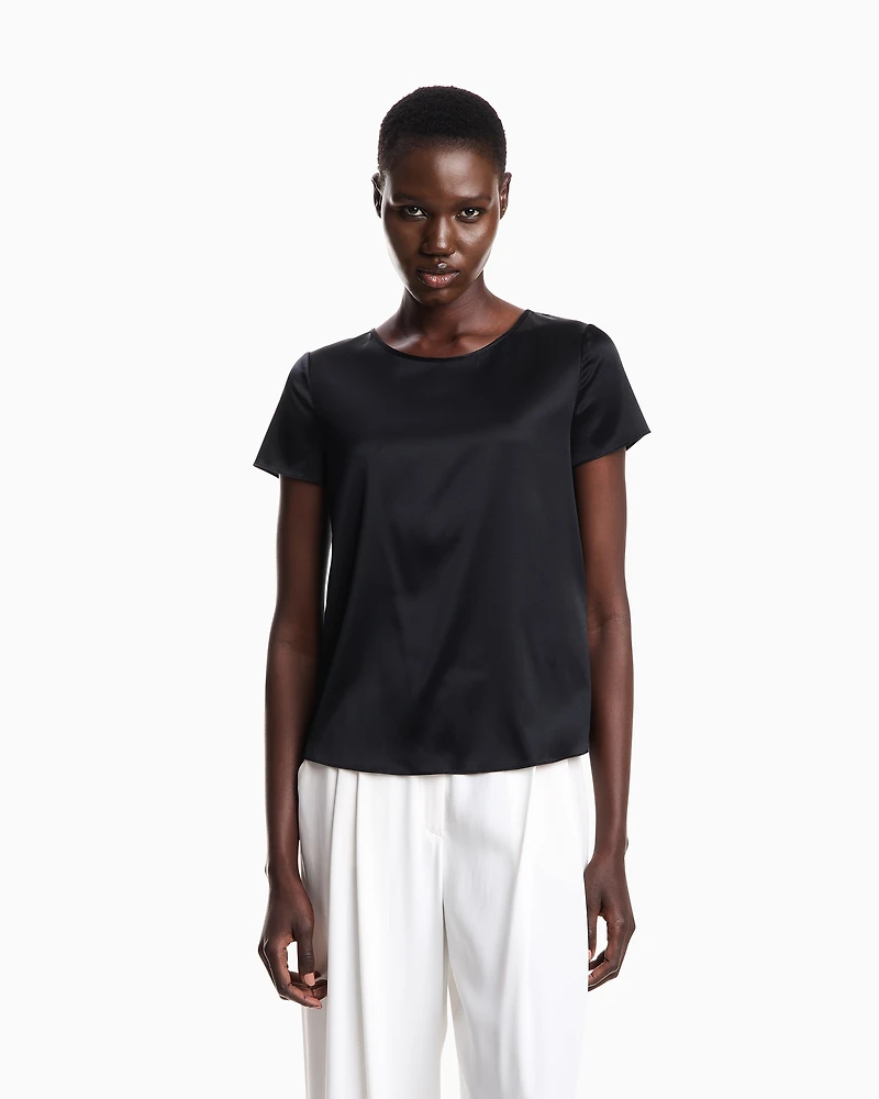Emporio Armani - Short-sleeved silk satin blouse, Woman, Black, Size: