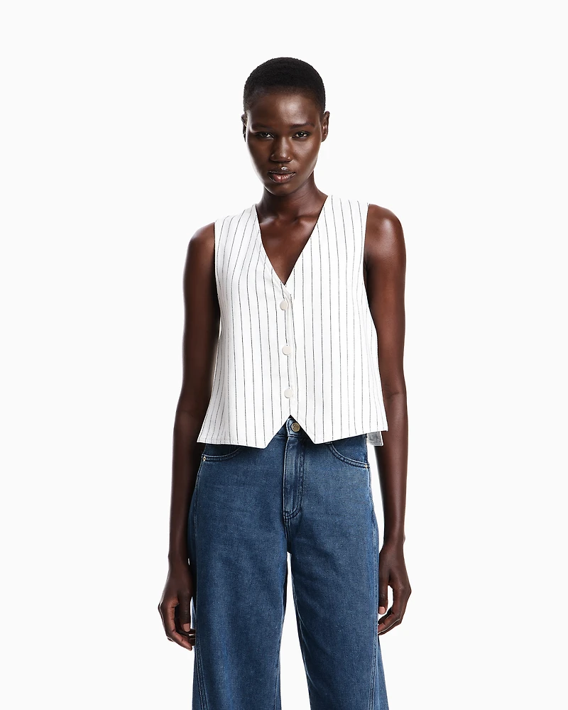 Emporio Armani - Single-breasted waistcoat garment-dyed striped bull, Woman, Striped, Size: