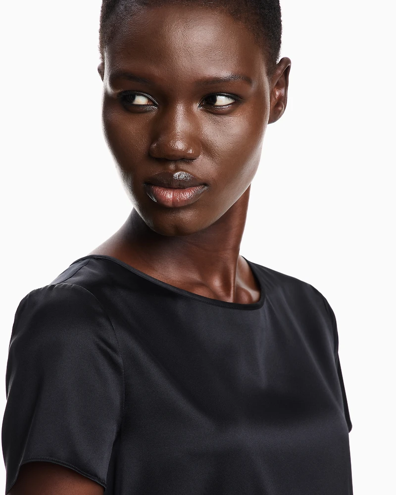 Emporio Armani - Short-sleeved silk satin blouse, Woman, Black, Size:
