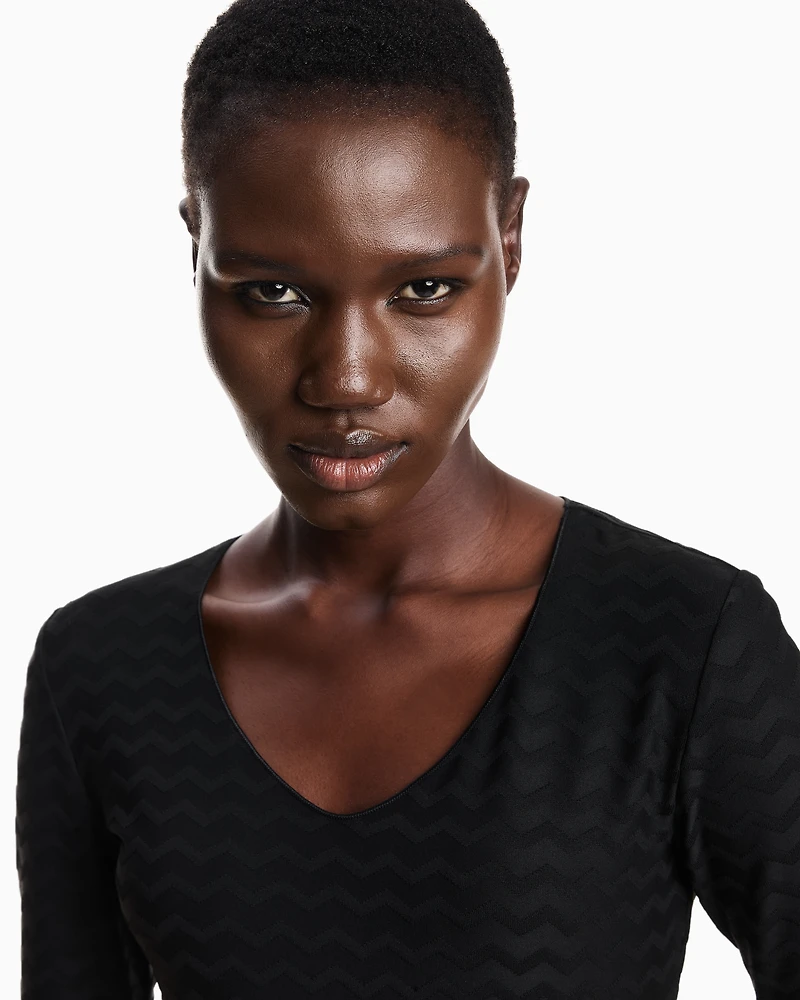 Emporio Armani - Two-way stretch jacquard motif nylon-jersey V-neck jumper, Woman, Black, Size: