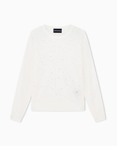 Emporio Armani - Plain-knit virgin-wool jumper with micro rhinestones, Woman, White, Size: