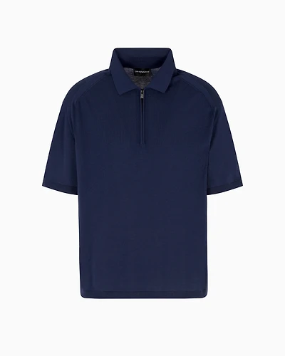 Emporio Armani - ASV plain-knit jumper with polo-shirt collar, a wool and Lyocell blend, Man, Blue, Size: